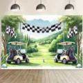 Watercolor golf themed photography backdrop featuring golf carts and checkered flags - 95x75cm