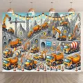 Sfondo fotografico cantiere cartone animato con veicoli da costruzione per feste - Stile 4 (SBJ-004) / 95x75cm
