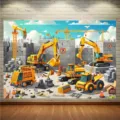 Sfondo per cantiere edile a fumetti con veicoli per decorazioni per feste di bambini. - Stile 2 (SBJ-002) / 95x75cm
