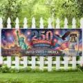 Patriotic USA 250th anniversary commemorative banner for festive party garden decoration - Liberty & Landmarks Anniversary Style (SHF-008) / 30x120cm (Punched with Rope)