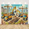 Sfondo fotografico cantiere cartone animato con escavatori e camion per bambini. - Cantiere Edile a Fumetti (SBJ-005)