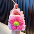 Cute pink crocheted flower coin purse keychain handmade mini plush storage bag - Pink