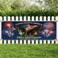 Customizable US 250th anniversary commemorative banner with bald eagle and fireworks design - America 250th Anniversary Style (SHF-011) / 30x120cm (Punched with Rope) / Red/White/Blue