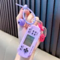 Retro mini Tetris game console keychain in purple with chain and wrist strap accessory - Purple