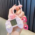 Cute pink mini retro handheld Tetris game console keychain with a stylish beaded strap - Pink