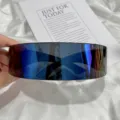 Gafas de sol de visera futuristas de gran tamaño con lentes de espejo azul envolventes - Montura Dorada Espejo Arcoíris