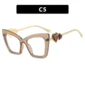Stylish brown cat-eye blue light blocking glasses with gold heart-accented temples - C5-Transparent Tea Frame White Lens