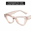 Fashionable translucent tea brown cat-eye glasses with clear lenses and thick frames - Transparent Tea White Lens / Metal Hinge