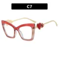 Stylish red gradient cat-eye glasses with heart detail on gold temples, style C7 - C7-Transparent Red Tea Frame White Lens