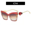 Trendy red gradient cat-eye glasses featuring gold heart-shaped decorative temples - C14-Transparent Red Tea Frame Gray Tea Lens