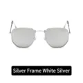 Retro polygon metal sunglasses featuring a silver frame and white mercury reflective lenses. - Silver Frame Silver Mirrored