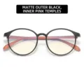Stylish round anti-blue light glasses frame in matte black with pink inner temples - Matte Black Outside & Pink Inner Temples