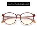 Stylish round anti-blue light glasses frame in tea brown and beige bicolor design. - Glossy Tea Outside & Beige Inner Temples