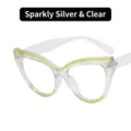 Montura de gafas de gato plateada brillante con detalles verdes y lentes transparentes - Plata Brillante Lente Clara