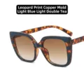 Oversized square leopard print sunglasses with light blue accents and gradient tea lenses - Leopard Blue Patchwork Light Brown Gradient Lens
