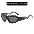 Futuristic black baroque sunglasses with punk irregular wave frame and grey lenses - Glossy Black Gray Lens