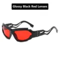 Futuristic Y2K punk style sunglasses featuring glossy black frame and vibrant red lenses. - Glossy Black Frame Red Lens