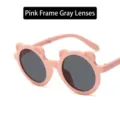 Niedliche rosa Klapp-Sonnenbrille mit Bärenohren für Kinder mit grauen Gläsern - Bären-Rundrahmen Kinder Faltbarer Stil (350) / Rosa Rahmen Graue Linse