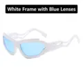 Futuristic punk cycling sunglasses featuring a white irregular frame and blue lenses - White Frame Blue Lens