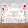 Girls makeup theme birthday photography backdrop with pink beauty illustrations - 95x75cm