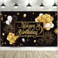 Elegant black and gold Happy Birthday backdrop with balloon and firework prints for parties - SBJ-002 Style / 95x75cm
