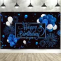 Royal blue and white balloon birthday photography backdrop with glitter Happy Birthday text - SBJ-005 / 95x75cm / Dark Blue