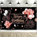 Rose gold and black birthday photography backdrop with balloon and firework prints - SBJ-001 / 95x75cm