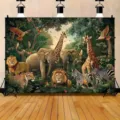 Toile de fond photographie animaux jungle lion éléphant girafe pour fête d'enfants - Style Thème Animaux de la Jungle (SBJ-001) / 95x75cm