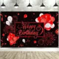 Festive red and black birthday photography backdrop with balloon and firework prints - SBJ-003 / 95x75cm