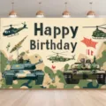 Military camouflage birthday backdrop with tank and helicopter designs for boys' party. - SBJ-001 / 95x75cm