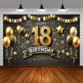 Black and gold 18th birthday photography backdrop with balloons and glittery stars - 95x75cm / Black & Gold