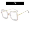 Blue light blocking square glasses with clear frame and gold metal temples, C8 model. - Clear White