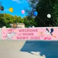 Pink plaid welcome home baby girl banner with cute elephant and stork for party decor - 30x120cm