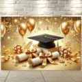 2026 Graduation season photography backdrop with golden balloons and black mortarboard - SBJ-001 Style (CG-1991515) / 95x75cm