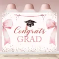 Pink graduation party backdrop with Congrats Grad text and rose gold glitter - Pink Graduation Backdrop (SBJ-003) / 95x75cm / Pink