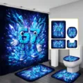 4-piece galaxy number 67 theme shower curtain and matching non-slip bathroom floor mat set - Single Shower Curtain 90x180cm / Cyberpunk Sci-Fi Blue (YL-002)