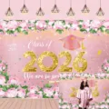Elegant pink floral graduation party backdrop for Class of 2026, We Are So Proud of You banner - SBJ-001 Style / 95x75cm