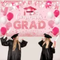 Pink graduation party backdrop featuring Congrats GRAD glitter text and balloons - SBJ-004 Style / 95x75cm