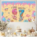 Colorful 7th birthday photography backdrop with "I WAS 6 NOW I'M 7" donut theme. - Sweet Dessert Party Theme (SBJ-003) / 95x75cm