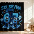 Lustiger Duschvorhang mit Cartoon-Zahlen 6 und 7 im Arcade-Stil, wasserfest für Badezimmer - Anthropomorphe Zahl 67 (YL-002) / Einzelner Duschvorhang 90x180cm