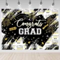 Black and gold graduation backdrop with congrats grad text, graduation cap and fireworks - SBJ-001 / 95x75cm