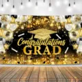 Black gold graduation theme photography backdrop with mortarboard and balloon party print - Festive Flag (SBJ-001) / 95x75cm