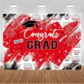 Red graduation party backdrop featuring mortarboard and congrats grad text design - SBJ-004 / 95x75cm / Red