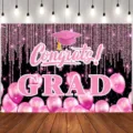 Pink graduation backdrop banner with balloons and glitter Congrats! GRAD text design. - Pink and Black Graduation Theme (SBJ-003) / 95x75cm