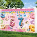Donut themed 7th birthday party backdrop banner for kids photoshoot - SBJ-005 (Donut Party) / 95x75cm / Pink