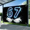 Birthday party backdrop banner featuring neon number 67 design for kids celebration decor - Combination 5