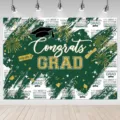 Green and gold graduation party backdrop with Congrats GRAD text and graduation cap element - Green Gold and White Celebration Style (SBJ-003) / 95x75cm