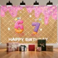 Sweet donut theme 7th birthday photography backdrop with I'M 7 text and waffle pattern - Sweet Dessert Party Theme (SBJ-006) / 95x75cm