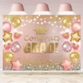 Elegant pink and gold graduation party backdrop with Congrats GRAD text and glitter balloons - Graduation Season Rose Pink Style (SBJ-006) / 95x75cm / Rose Pink