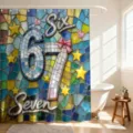 Lebendiger Mosaik-Duschvorhang mit den Zahlen Sechs und Sieben für moderne Badezimmer - Buntes Mosaik Nummer 67 (YL-006) / Einzelner Duschvorhang 90x180cm
